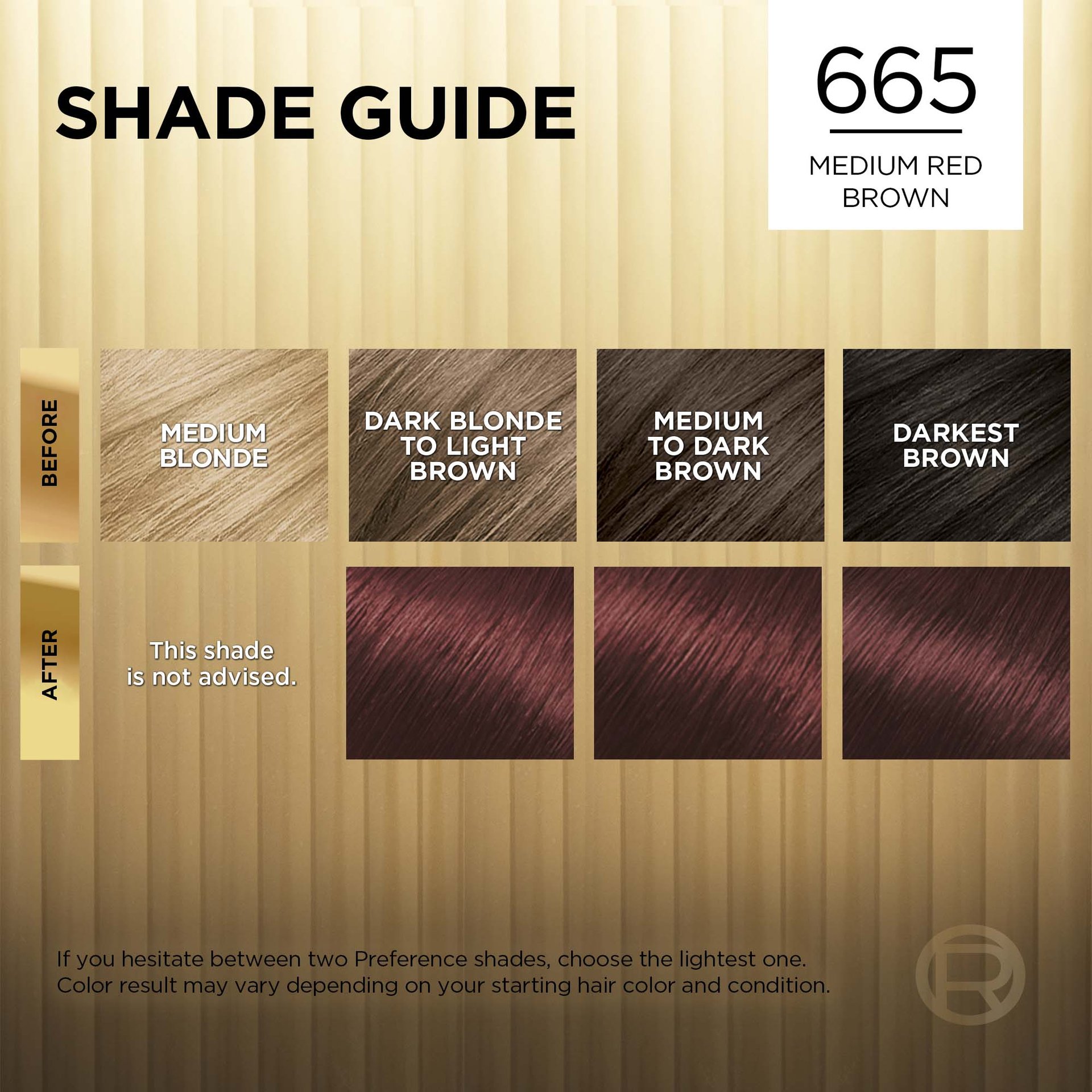 Hair before and after using Superior Preference  665 Medium Red Brown